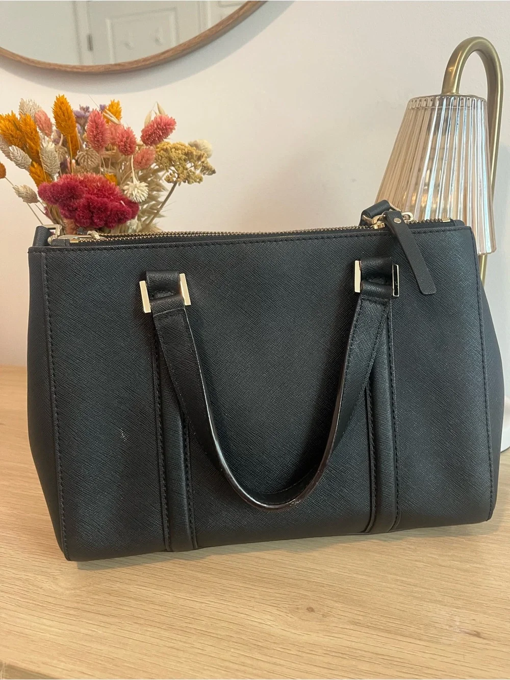kate spade Black Structured Saffiano Satchel with Gold Hardware